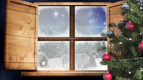 Animation-Einer-Winterlandschaft-Und-Häuser,-Die-Durch-Das-Fenster-Gesehen-Werden