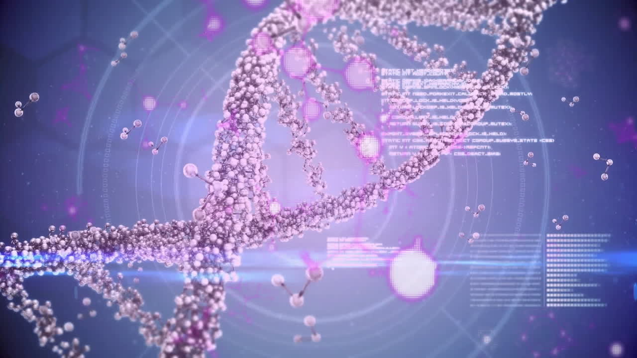 Scientific data processing animation with DNA strand and binary coding elements
