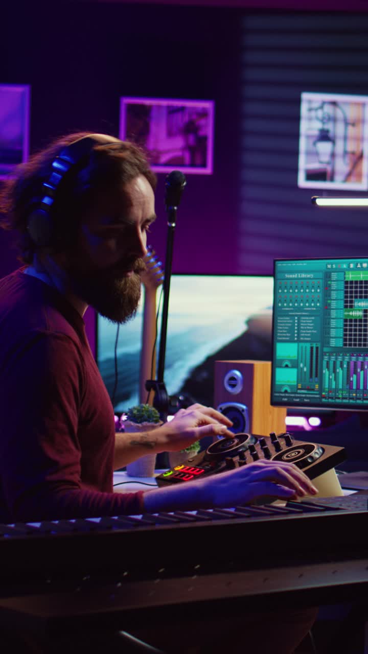 Produttore musicale concentrato che lavora in uno studio domestico con mixer da DJ e tastiera