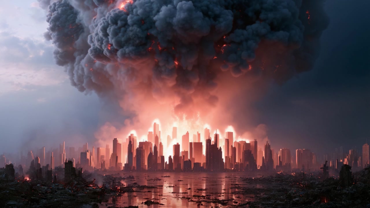 Catastrophic Explosion Erupts in Urban Landscape as Fiery Clouds Cascade Over Desolate Cityscape, Leaving Chaos and Destruction in Its Wake