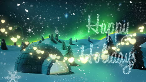 luces de hadas en forma de corazón brillante decoración contra el texto feliz de vacaciones sobre el paisaje de invierno