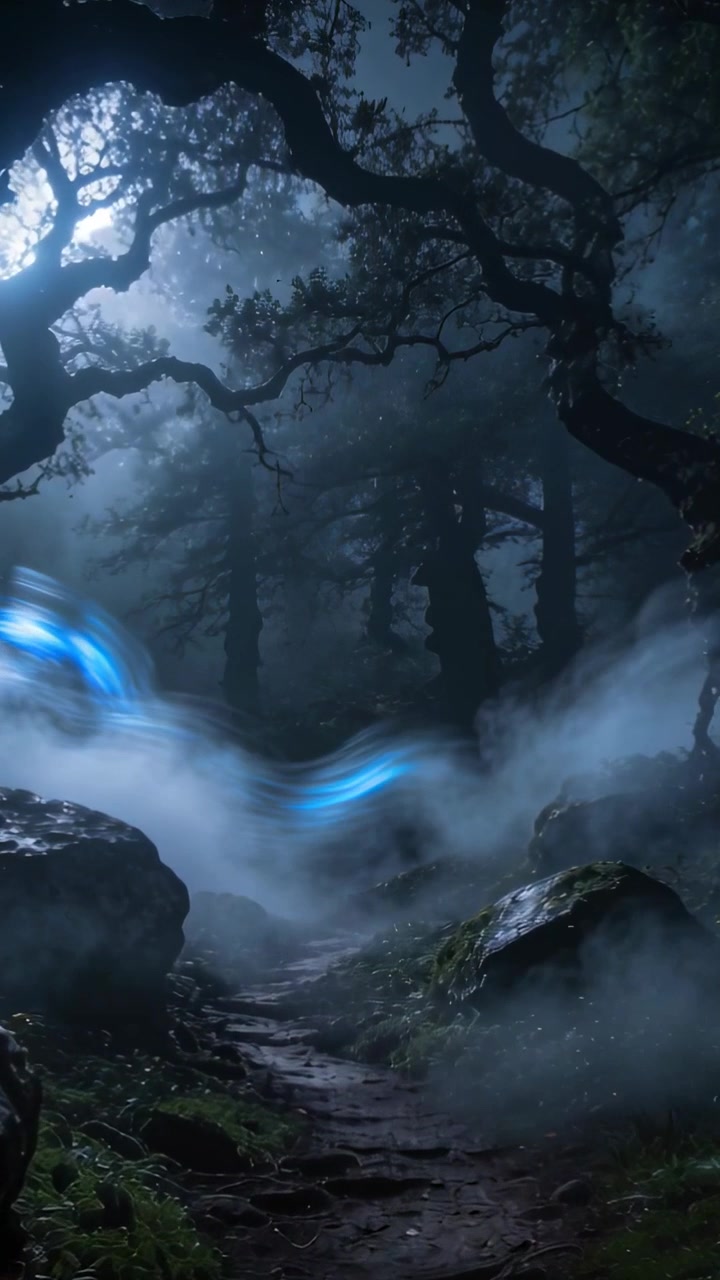 Video verticale: Filo di fumo blu e nebbia che appaiono da sinistra e scivolano lungo un sentiero illuminato dalla luna, oltre rocce muschiose