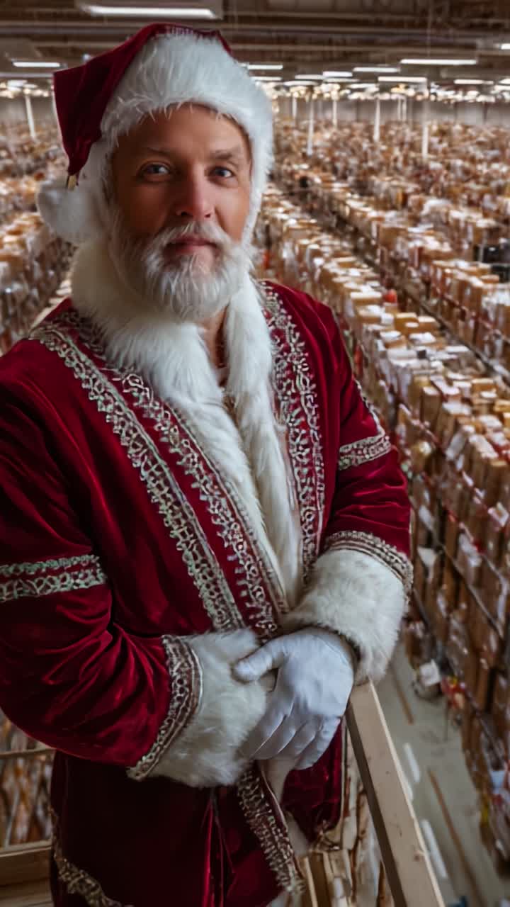 Una figura festiva di Babbo Natale posa con sicurezza in un enorme magazzino pieno di pacchi e decorazioni natalizie, pronto per le consegne di Natale