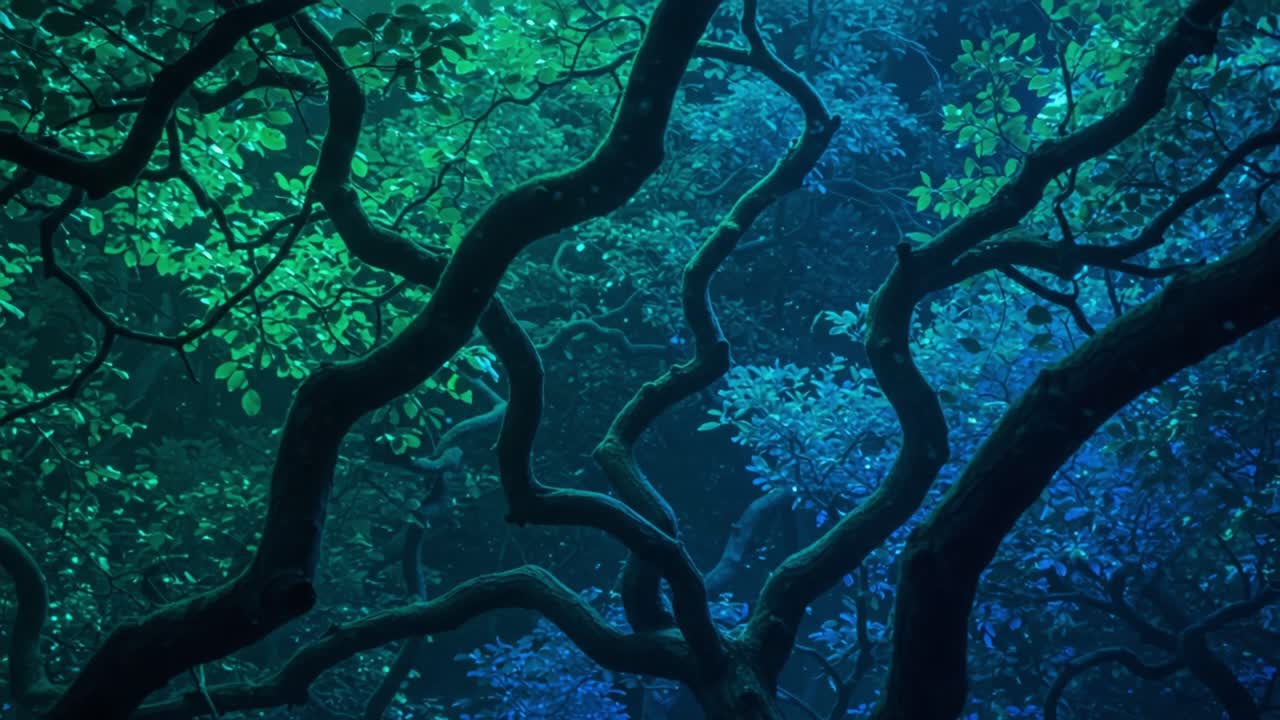 A Mystical Forest Scene Featuring Intertwined Branches and Vibrant Green and Blue Foliage, Creating an Enchanting Atmosphere of Nature's Beauty