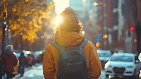 a person with a backpack walking down the street at sunset