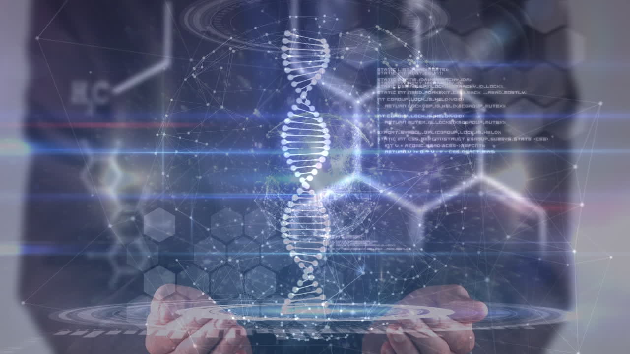 animación de una cadena de adn girando sobre el procesamiento de datos científicos sobre las manos del hombre caucásico