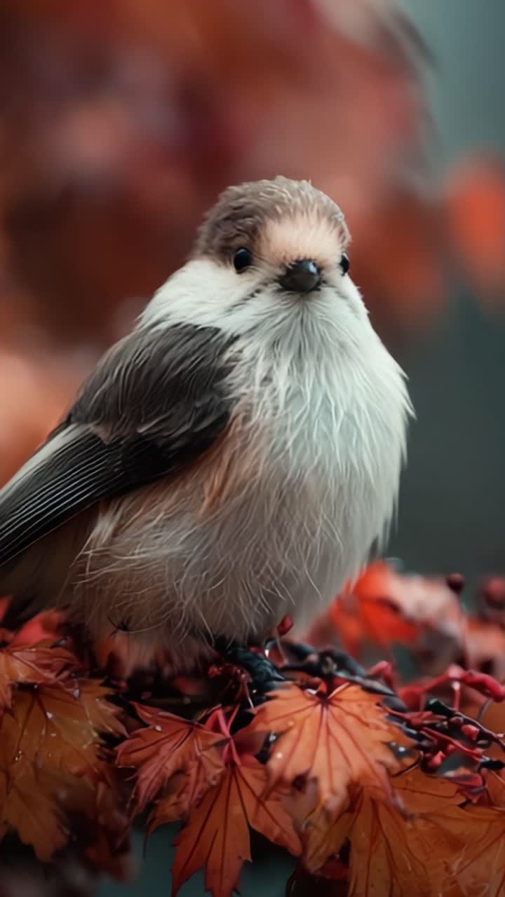A Charming Small Bird Perched on Vibrant Autumn Leaves, Capturing Nature's Beauty in a Serene Moment While Rain Falls Gently in the Background