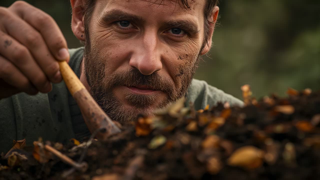 Leaning close, man in green shirt probing compost pile at garden, using wooden probe checking decay