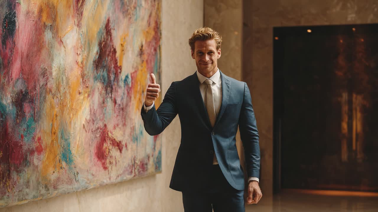 A Confident Professional Man in a Stylish Suit Gives a Thumbs Up in a Chic Lobby Surrounded by Artistic Decor, Radiating Positivity and Success