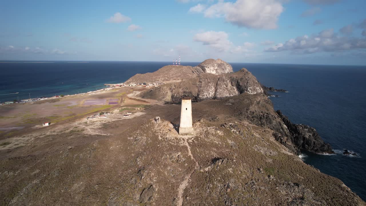 An isolated lighthouse atop a rocky hill overlooking the ocean during sunrise , aerial view