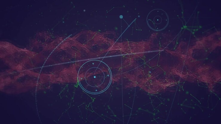 Futuristic Digital Network Background with Flowing Particles and Light Flare