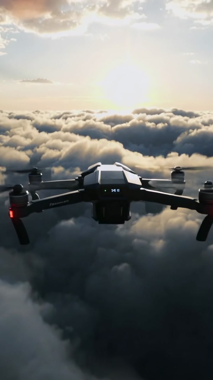 Vertical video: Flying drone with gimbal red LEDs heading above clouds to sunrise, rotors spinning