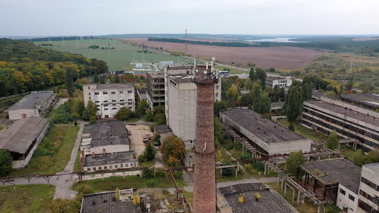 Factory abandoned destroyed territory. Old destroyed industrial building.
