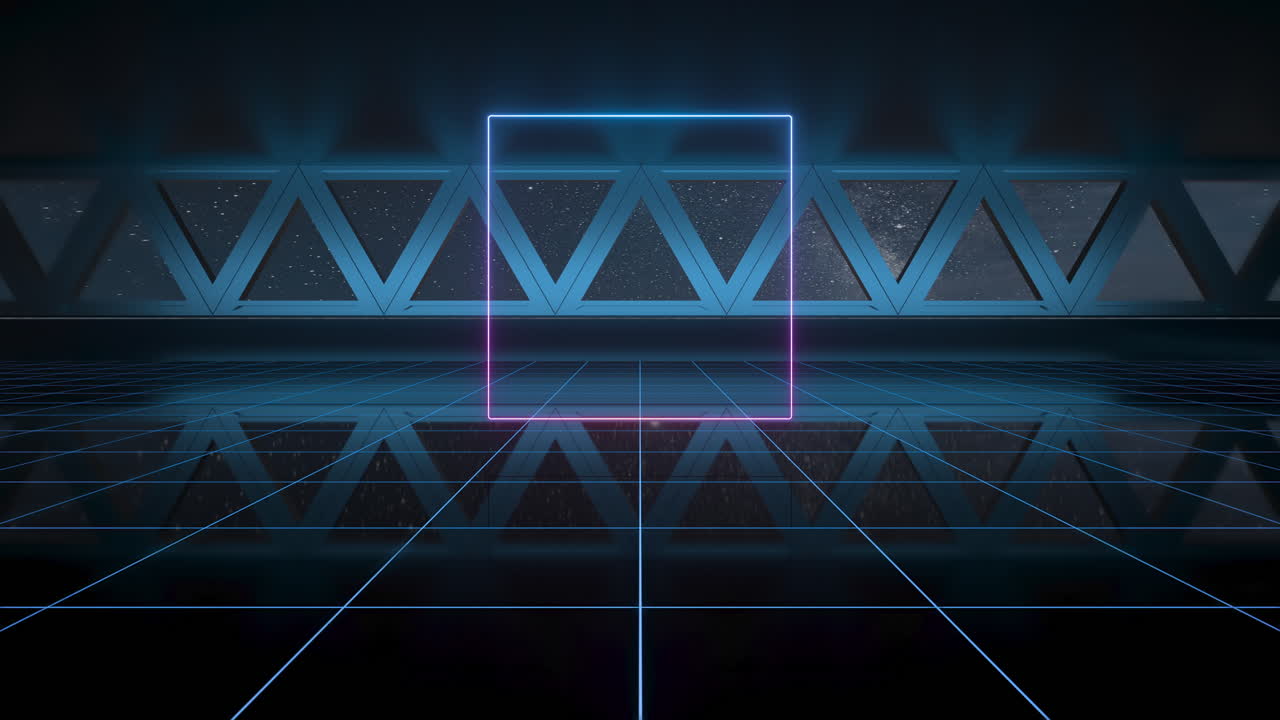 네온 조명과 함께 어두운 우주 방, 3d 렌더링