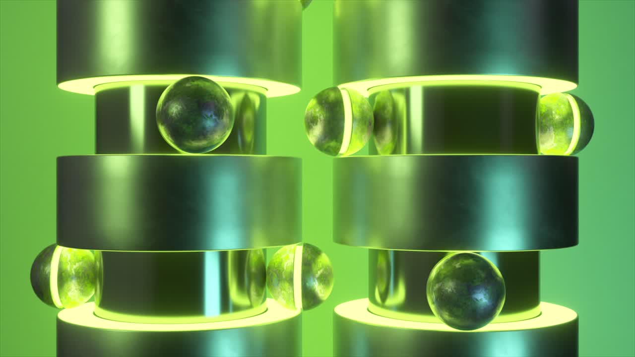 renderizado en 3d de cilindros y esferas metálicas verdes