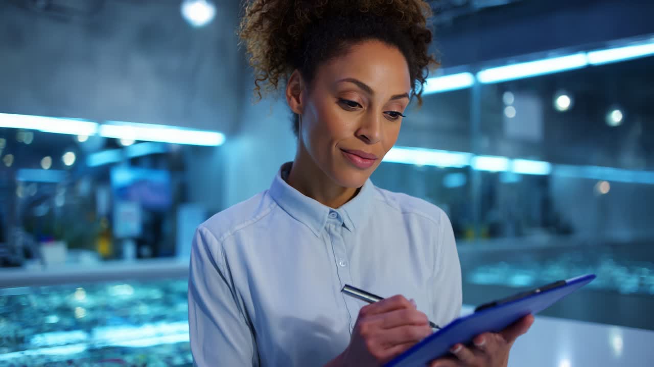 Focused Professional Woman Analyzing Data and Taking Notes in a Modern Workplace, Highlighting Concentration and Attention to Detail While Engaging in Important Tasks with Clipboard