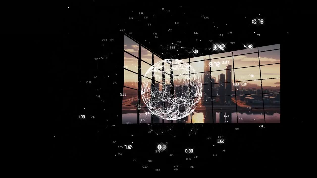 Animation of globe and data processing over modern apartment and cityscape