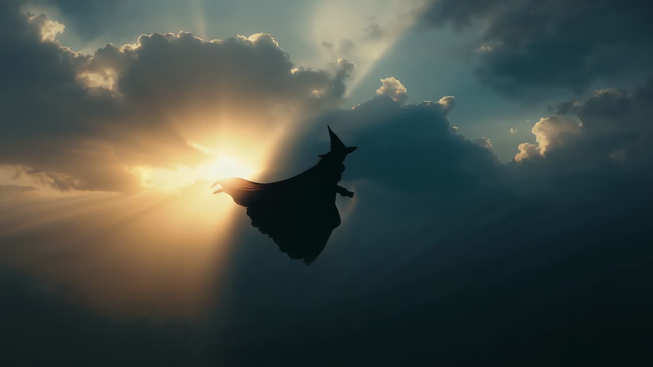 Sun peeking causing witch with pointed hat and tattered cloak gliding across clouds
