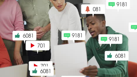 animation of multiple notification bars over diverse coworkers discussing reports in office