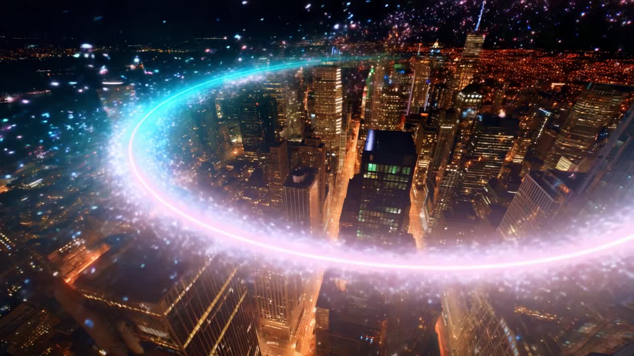 A Stunning Aerial View of Urban Nightscape with Vibrant Light Trails and Sparkling Effects, Showcasing the Dynamic Energy of a City Illuminated after Dark with a Magical Glow