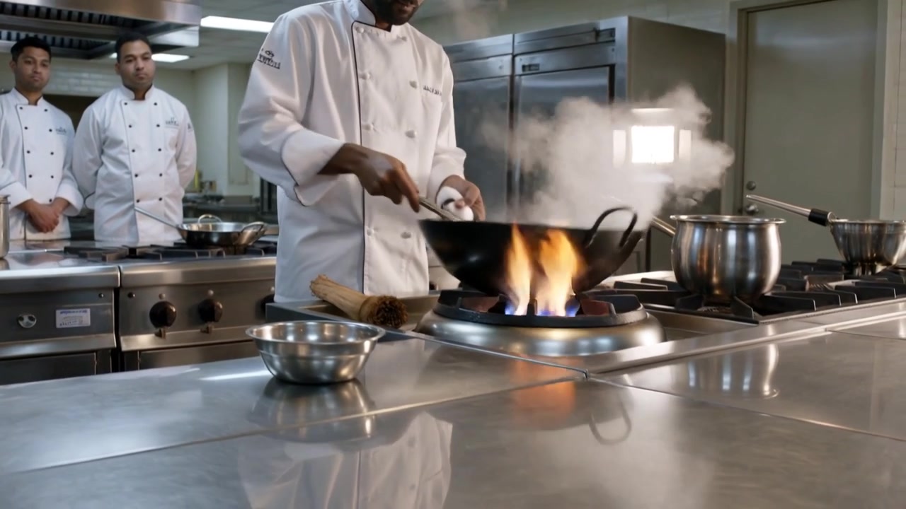 Chama de gás acendendo, chef principal de jaleco branco mexendo wok com espátula de metal na cozinha