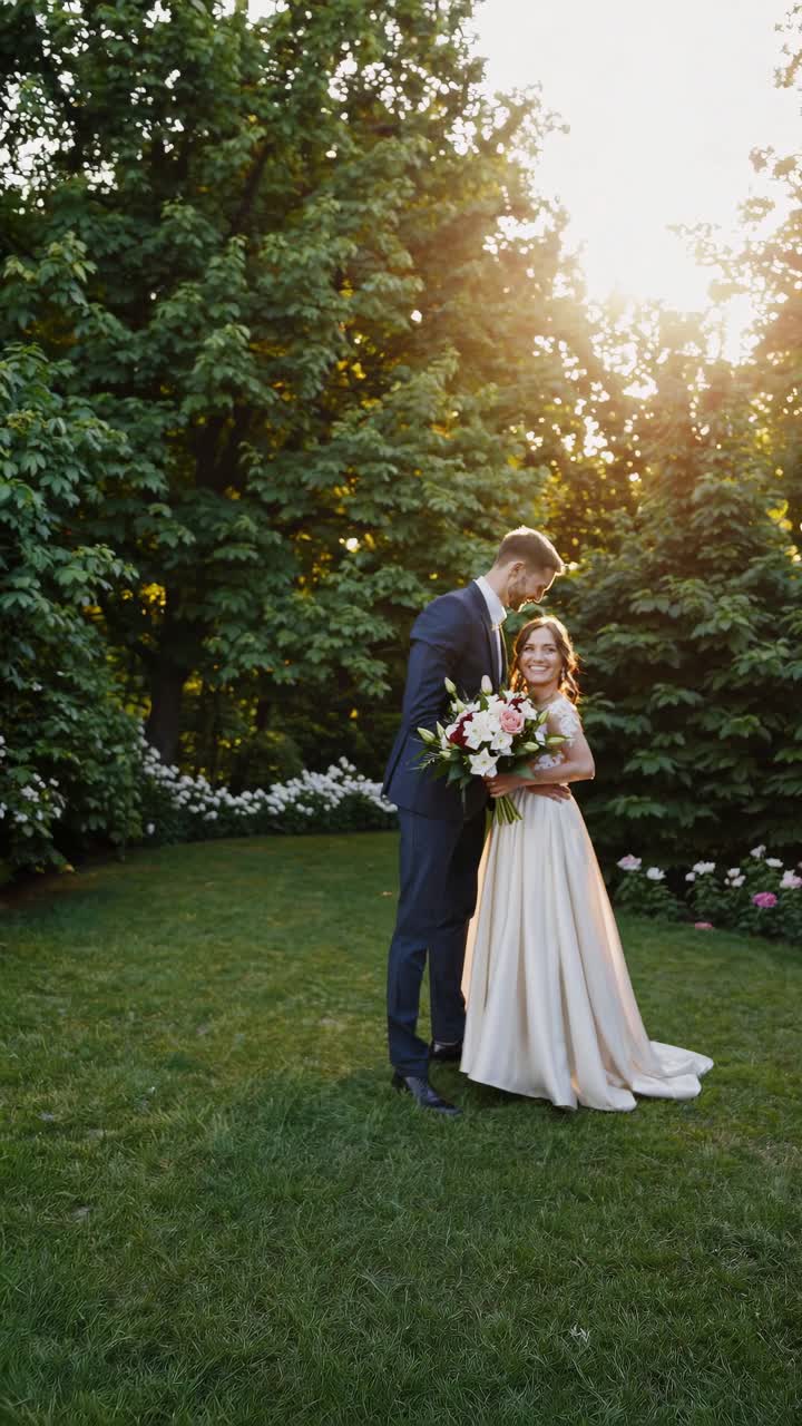 A romantic wedding video scene with a couple in a garden