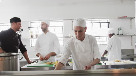 group of focused diverse male chefs preparing meals in kitchen, slow motion