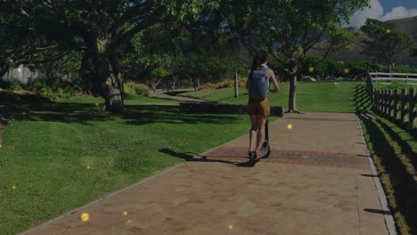 woman riding electric scooter through lush park, displaying floating health icons and data graphs