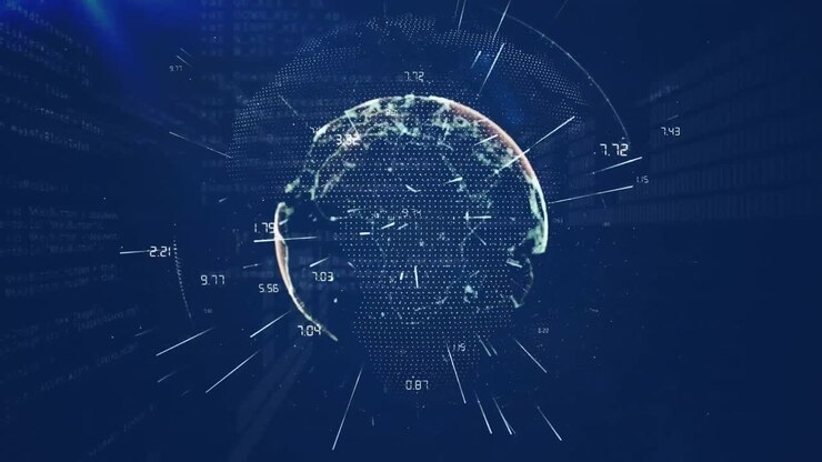 Animation of data processing and globe over blue background