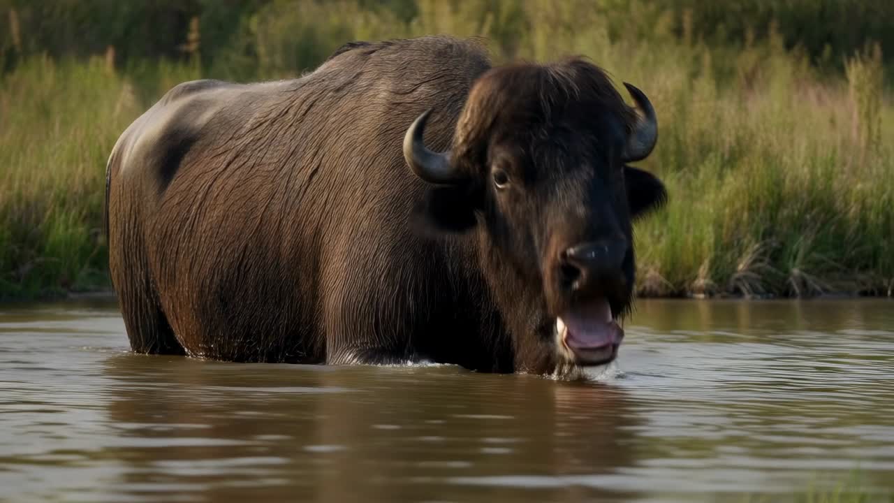 Wading chest-deep bison moving toward camera through pond, opening mouth near reed bank