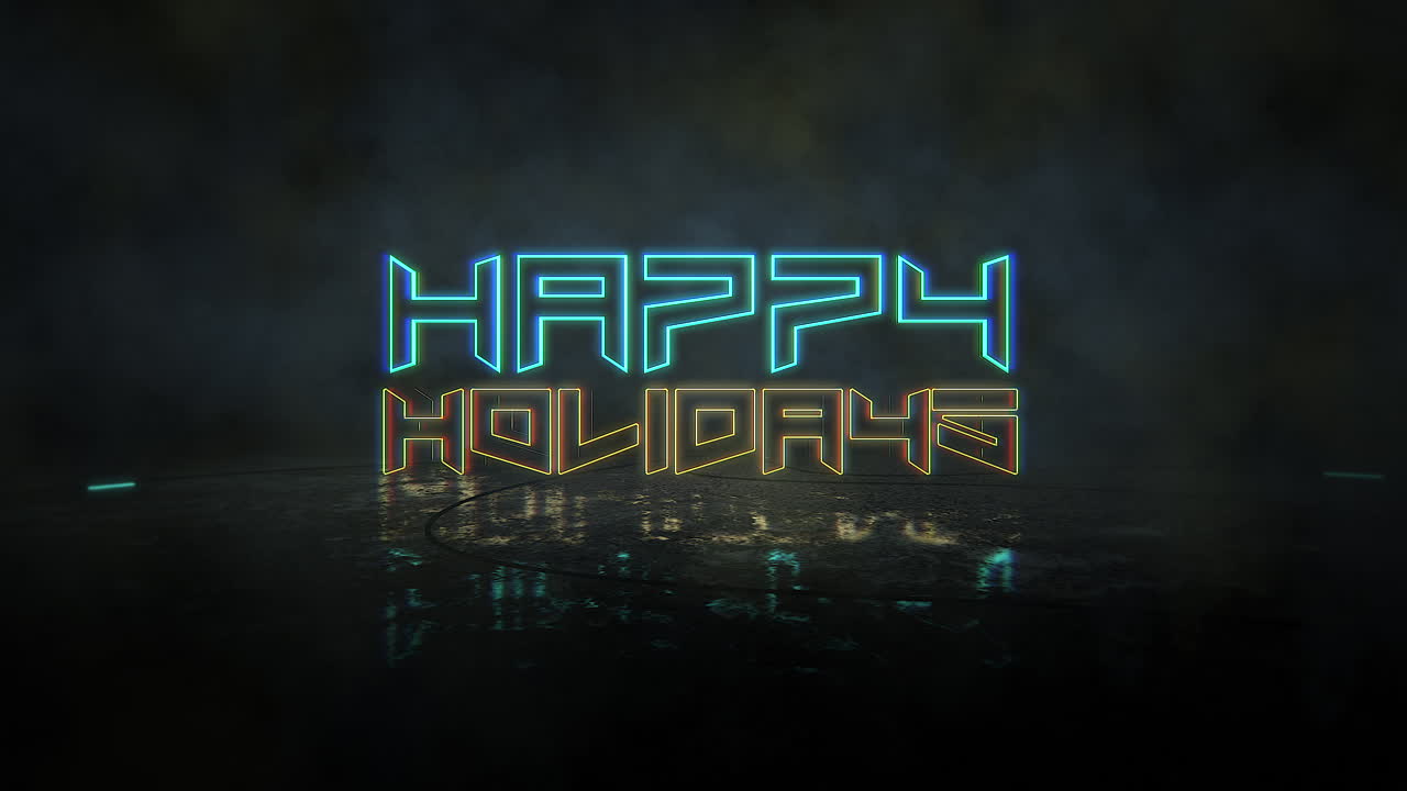 felices fiestas con luces de neón en la calle en la ciudad cyberpunk