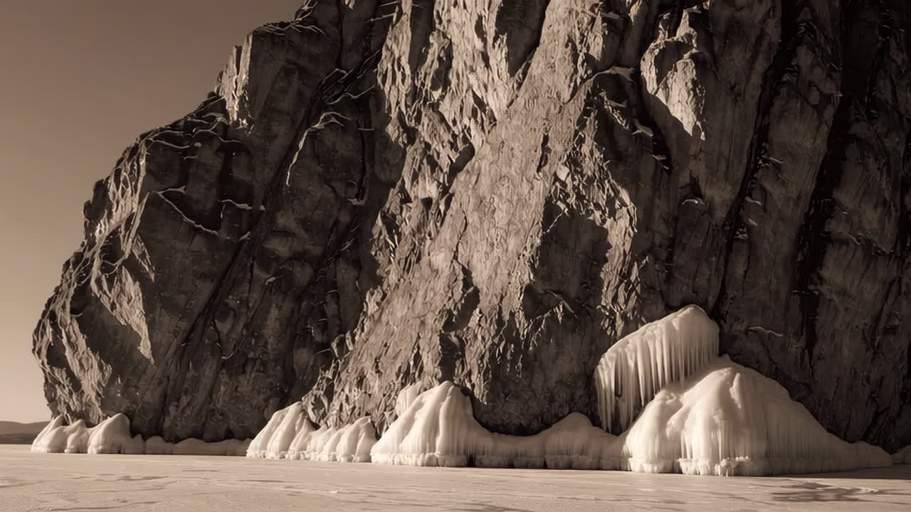 Icy Cliffside on a Frozen Lake in Sepia