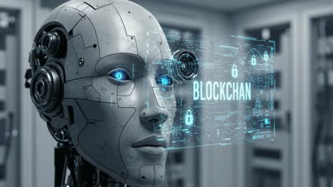 A futuristic robot with glowing blue eyes illustrating the concept of blockchain technology, showcasing advanced digital security and artificial intelligence in a high-tech environment