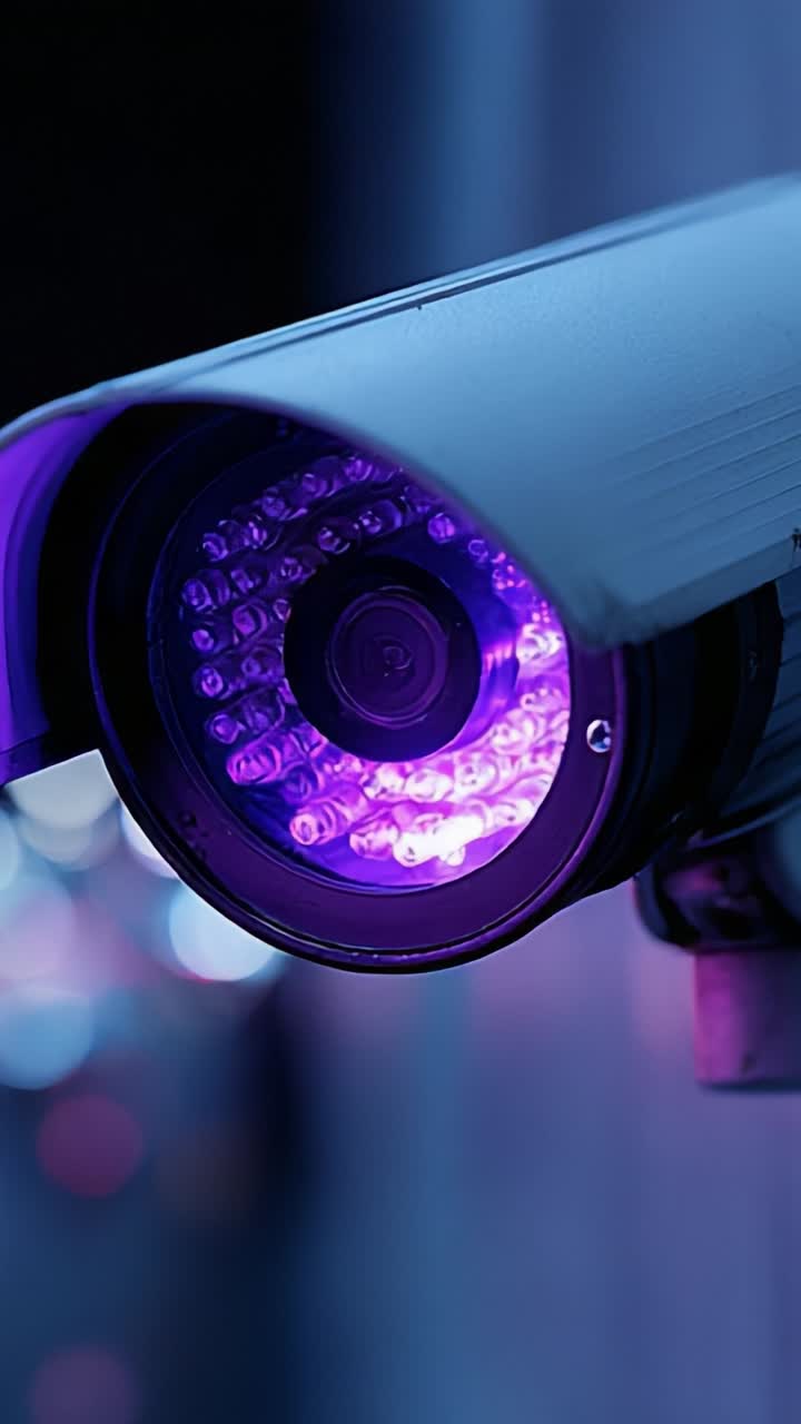 A Close-Up View of a High-Tech Security Camera Featuring LED Lights in Vivid Purple, Showcasing Surveillance Technology in Modern Environments