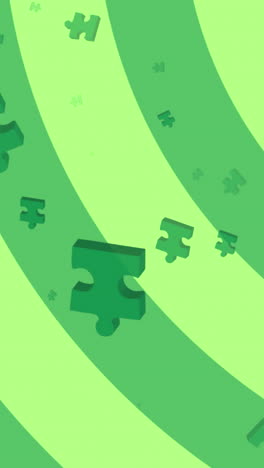 animación de piezas de rompecabezas verdes sobre rayas giratorias verdes de fondo