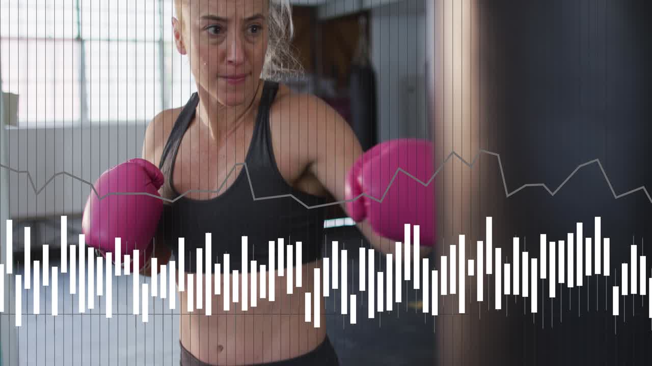 Camera framing ECG wave sparking training boxer hitting bag throwing jabs crosses hooks for power