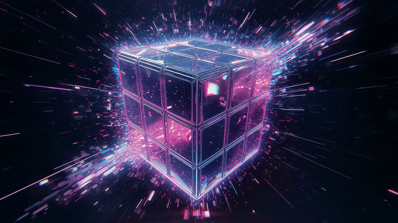 Emerging nine-panel metallic cube rotating in black void, pulsing neon streams with cosmic core
