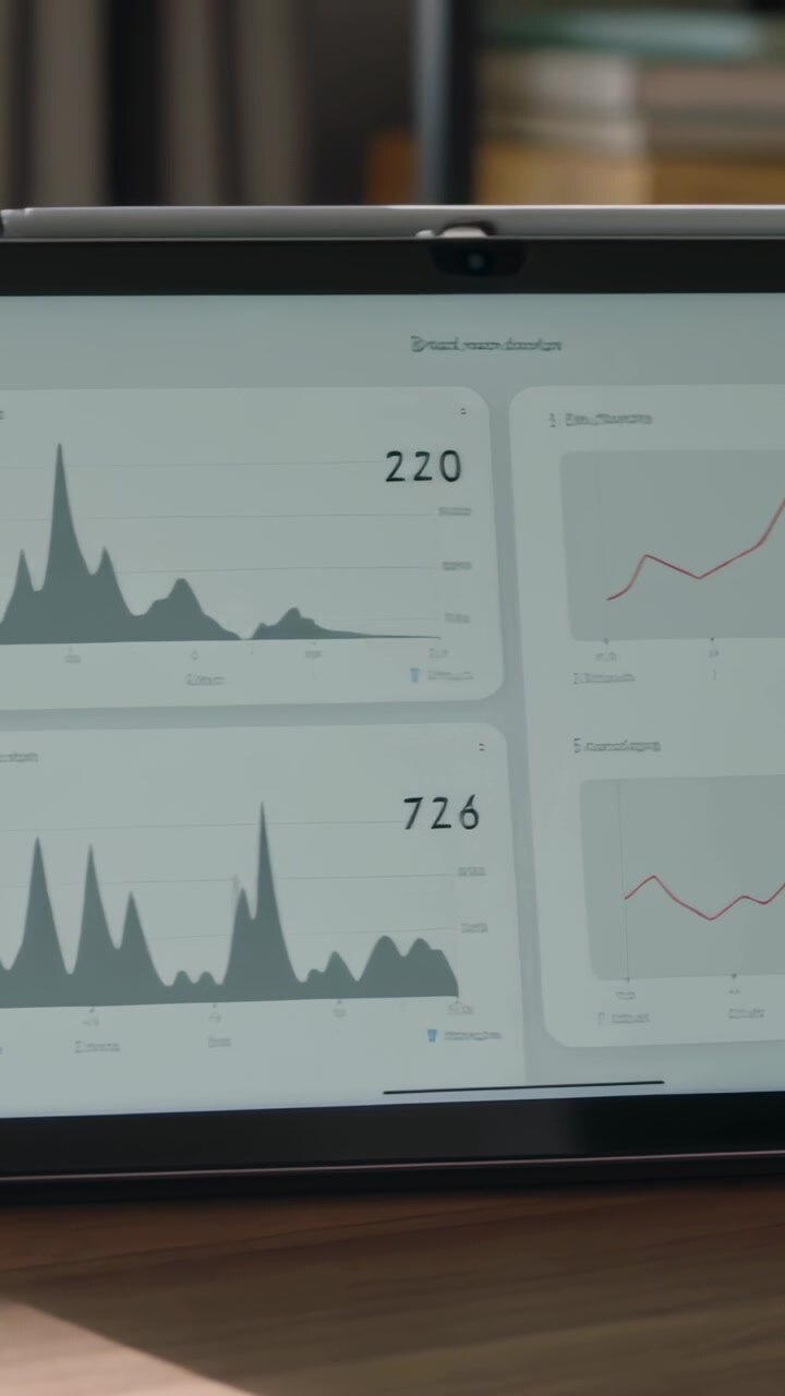 Vertikal video: Kamera panorerer til venstre og avslører et nettbrett i et mørkt etui på et skrivebord, diagrammer 220 eller 726, med plass for tekst.
