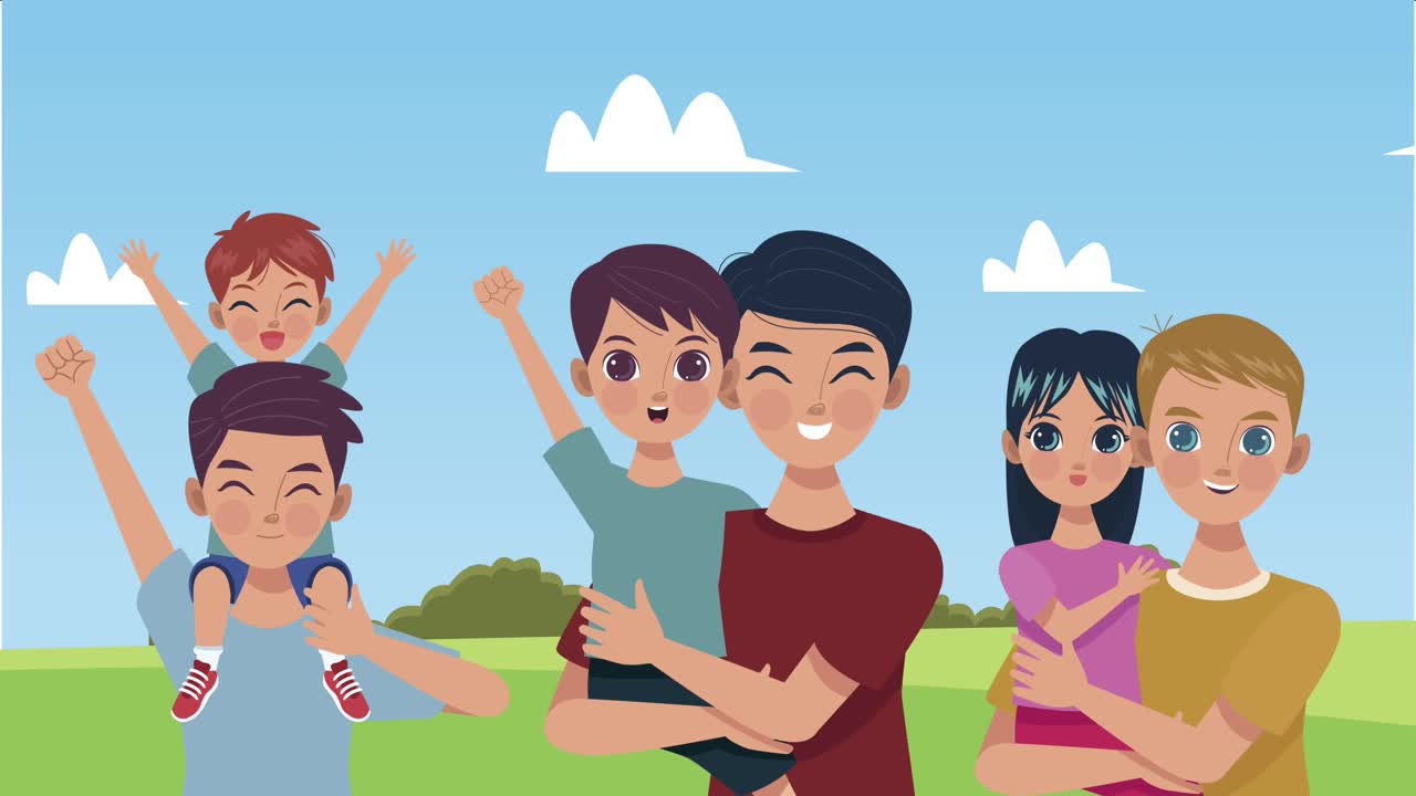 아빠와 아이들이 풍경 속에