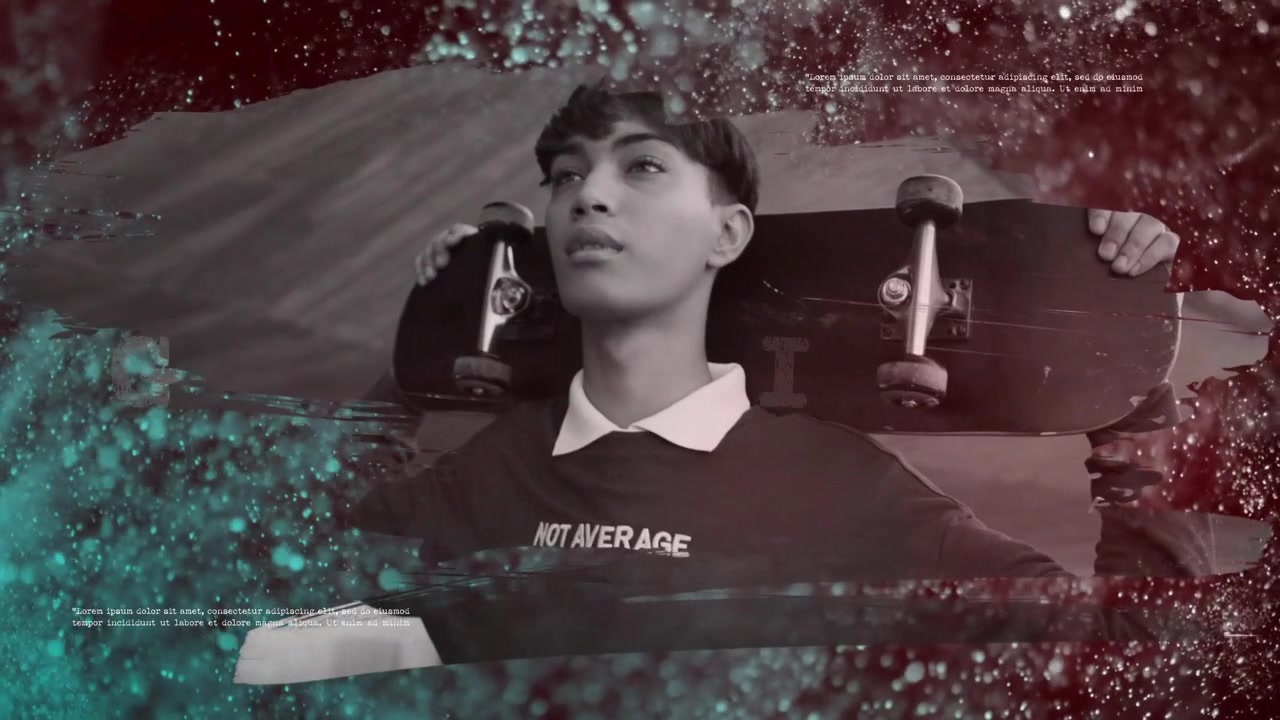 Giovane uomo elegante con skateboard in stile grunge per intro video