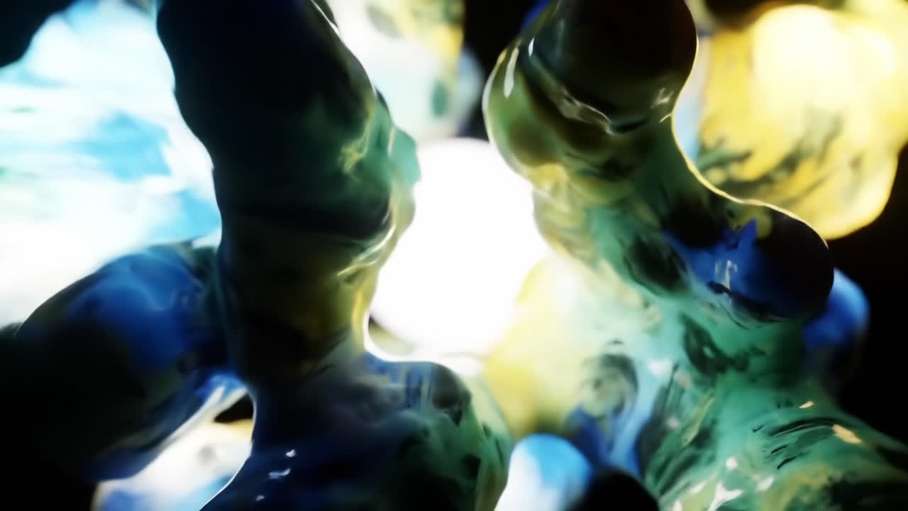 An Intricate Colorful Abstract Display of Fluids Blending in a Dark Environment, Showcasing Vibrant Blue, Yellow, and Green Hues with Illuminated Highlights