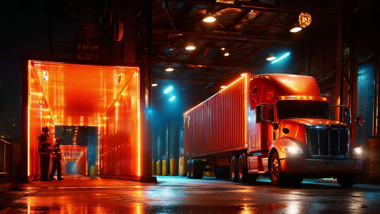 A vibrant and illuminated truck station scene showcasing a large cargo truck surrounded by glowing containers and workers in reflective gear, capturing the essence of nighttime logistics operations