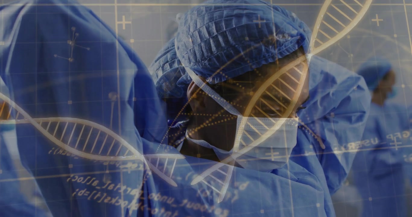 Chirurg středního věku vstupující a upevňující si čepici pro operaci, zatímco kolega připravuje čepici, s překryvem DNA.