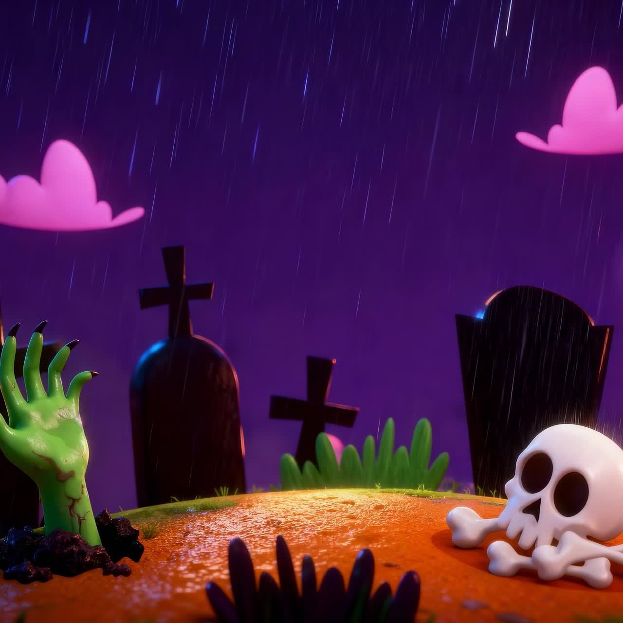 Cartoon Halloween Graveyard Scene with Zombie Hand