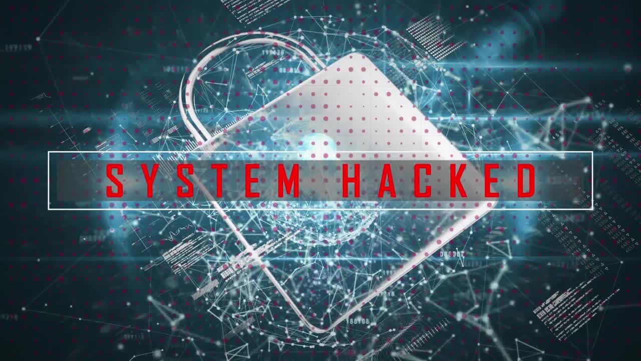 Security padlock and system hacked text against web of connections