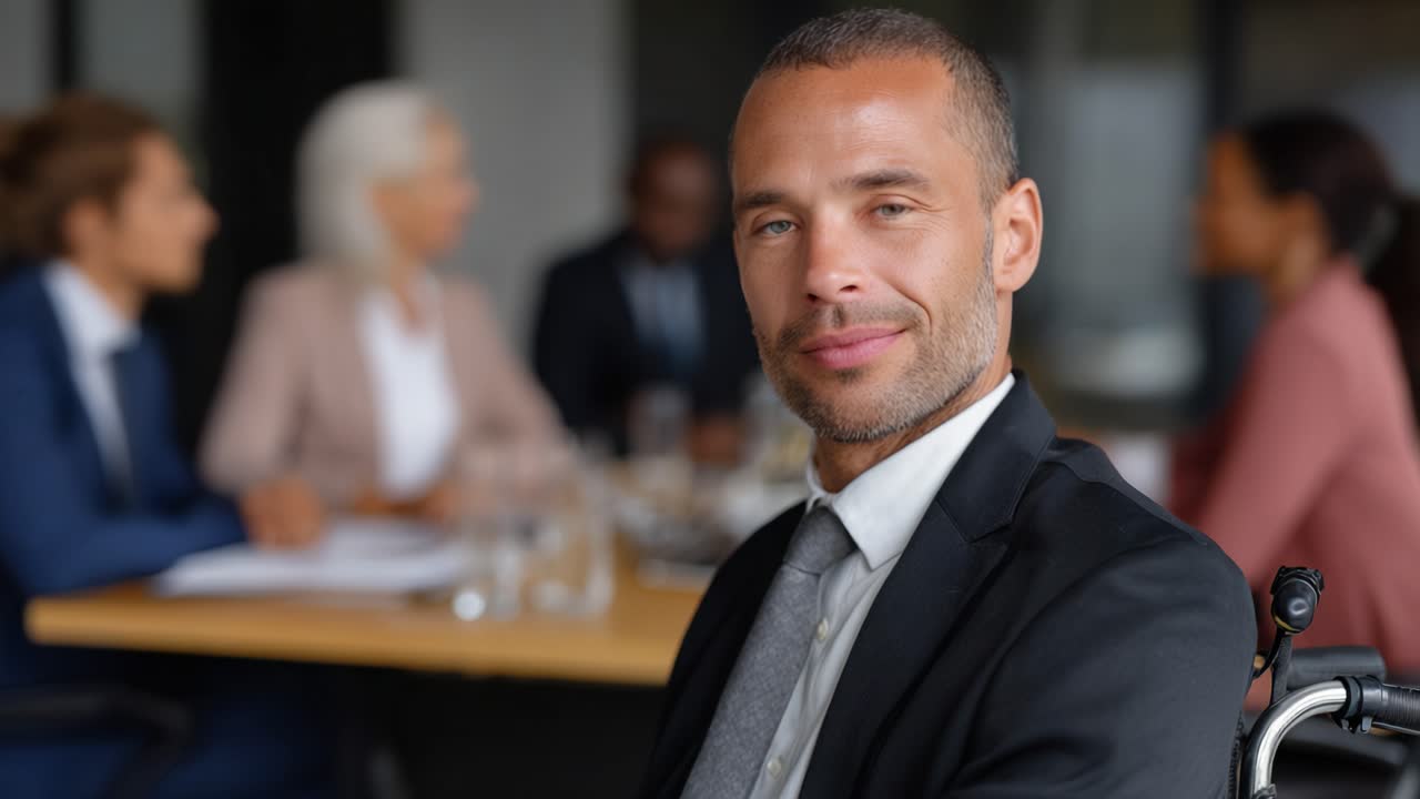 Un empresario seguro de sí mismo en silla de ruedas participando en una reunión con colegas en un entorno de oficina moderno, mostrando profesionalismo e inclusión.
