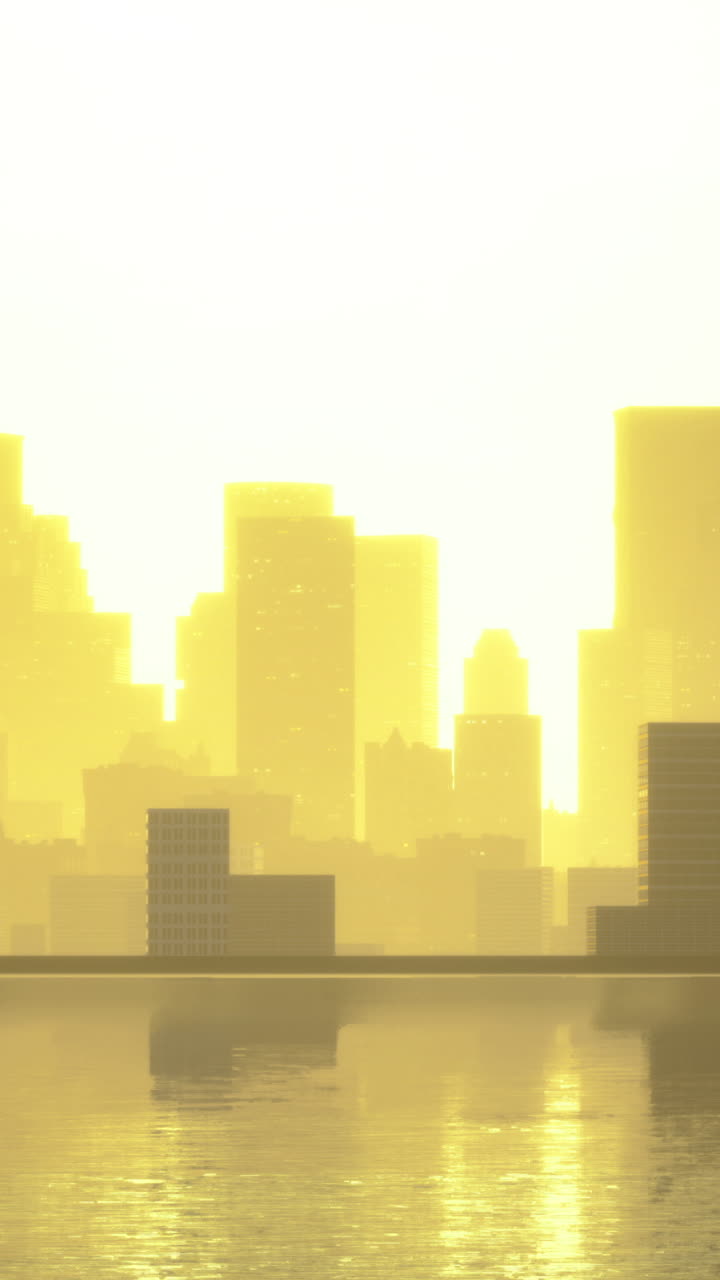 Silueta del horizonte de una ciudad con la luz dorada del sol reflejada en el agua