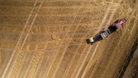 tractor producing hay bale in a wheat field - aerial top down