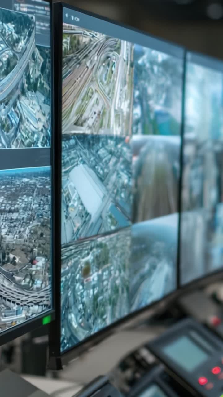 Centro de Control de Vigilancia: Una Visión General de Alta Tecnología de Pantallas Múltiples Mostrando Infraestructura Urbana y Redes de Transporte para el Monitoreo de Actividades