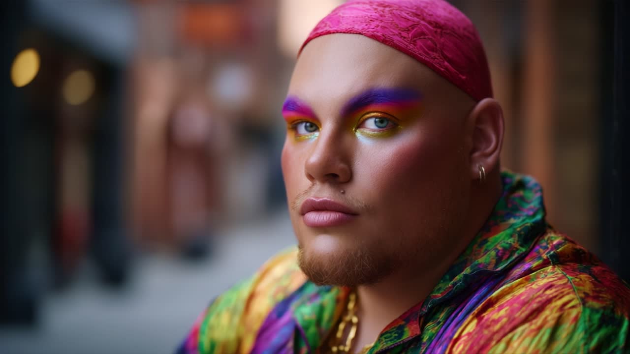 Lebendiges Porträt einer kunstvoll geschminkten Person mit farbenfroher Mode und auffälligem Make-up, das einen mutigen Selbstausdruck und einen einzigartigen persönlichen Stil in einem urbanen Umfeld zeigt